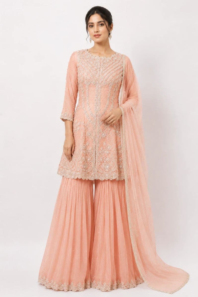 Peach Hand-Embroidered Designer Sharara Suit Set with Pearl & Sequin Work and Net Dupatta | Luxury Wedding & Party Wear for Women