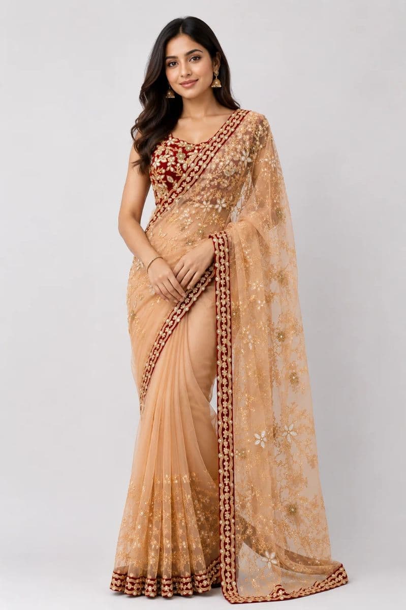 Peach Embroidered organza Saree with Handcrafted Maroon Floral Blouse | Designer Wedding & Party Wear Saree for Women