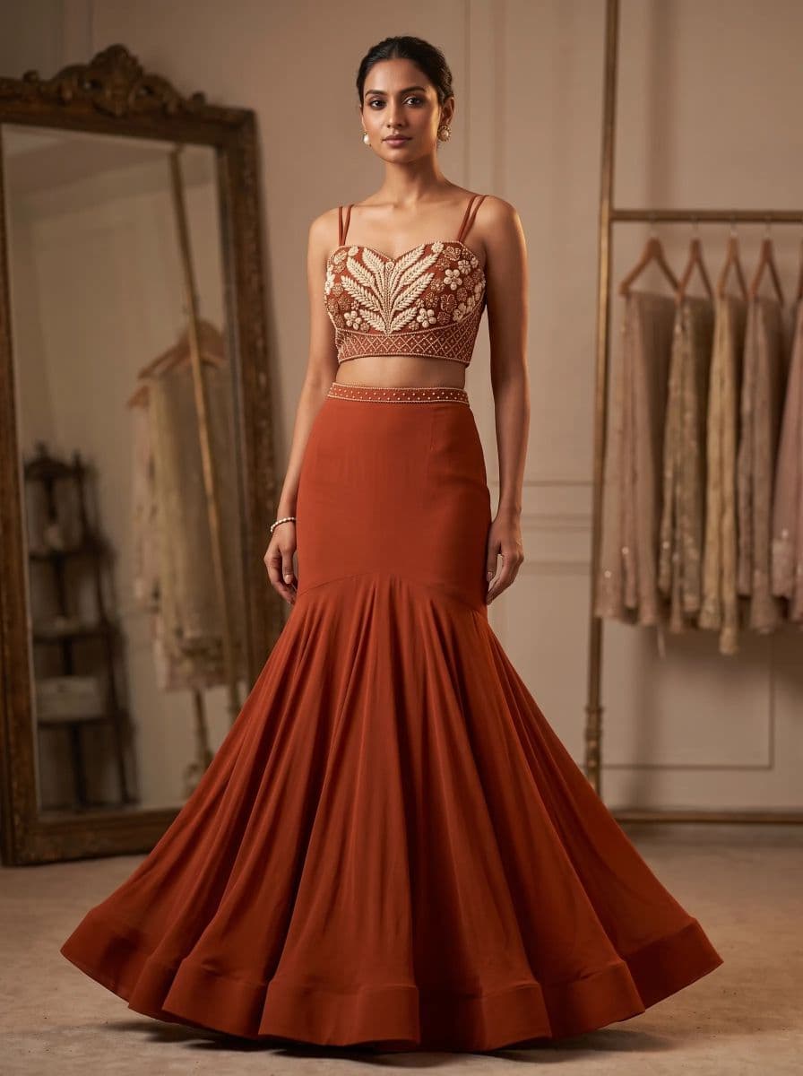 Rust Brown Embroidered Mermaid Lehenga Set with Handcrafted Blouse | Designer Wedding & Party Wear