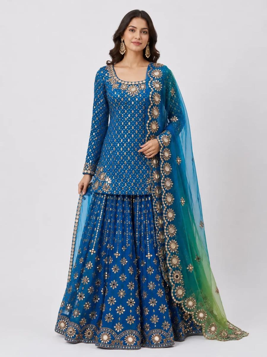 Blue Mirror Work Kurta and Sharara Set with Dupatta