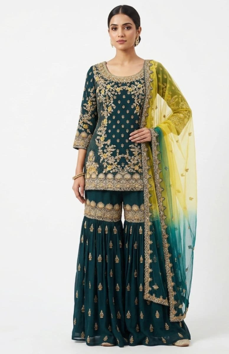 Teal Green Georgette Sharara Set with Intricate Gota Patti Embroidery