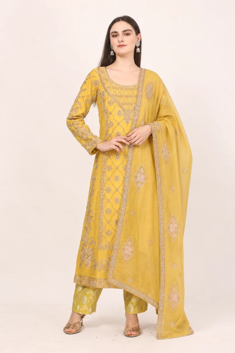 Yellow Pure Organza Suit Set with Hand-Crafted Zardozi Embroidery