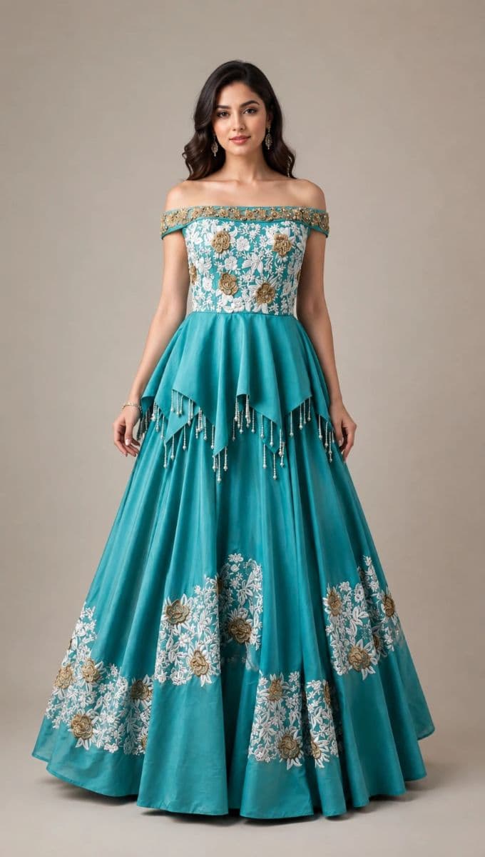 Exquisite Teal Modal Satin Off-Shoulder Gown with Intricate Hand Embroidery