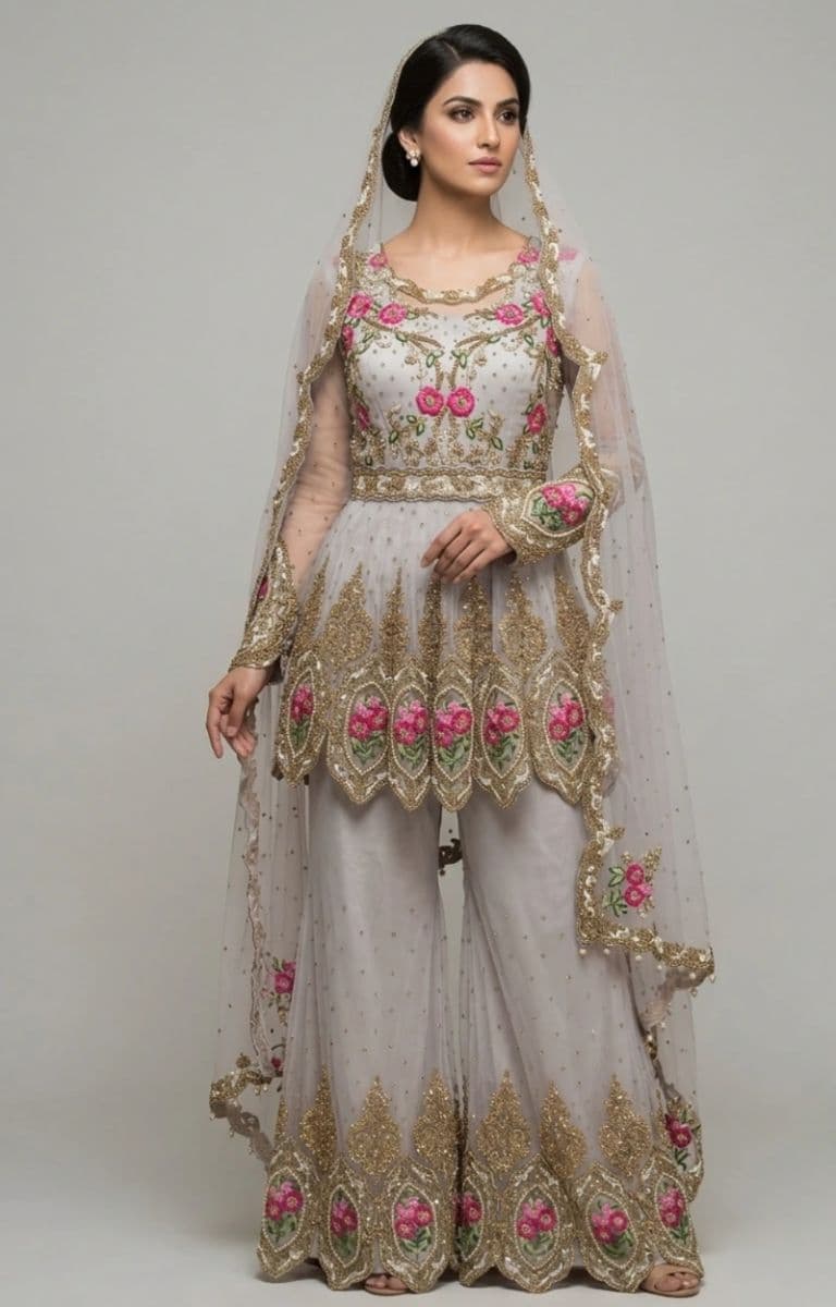 Embroidered Net Peplum Sharara Set with Zari Work