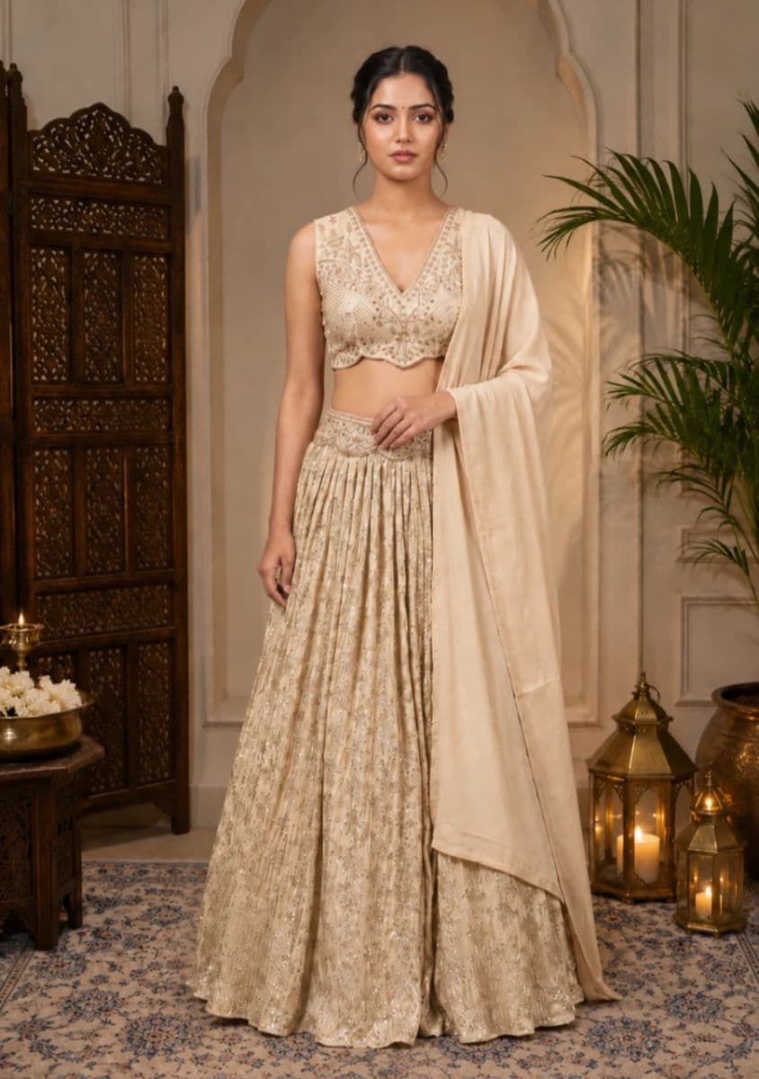Luxury Modal Satin & Crushed Georgette Lehenga Set with Intricate Embroidery