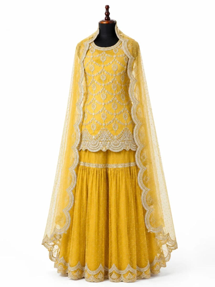 Premium Yellow Net Sharara Set with Exquisite Hand Embroidery