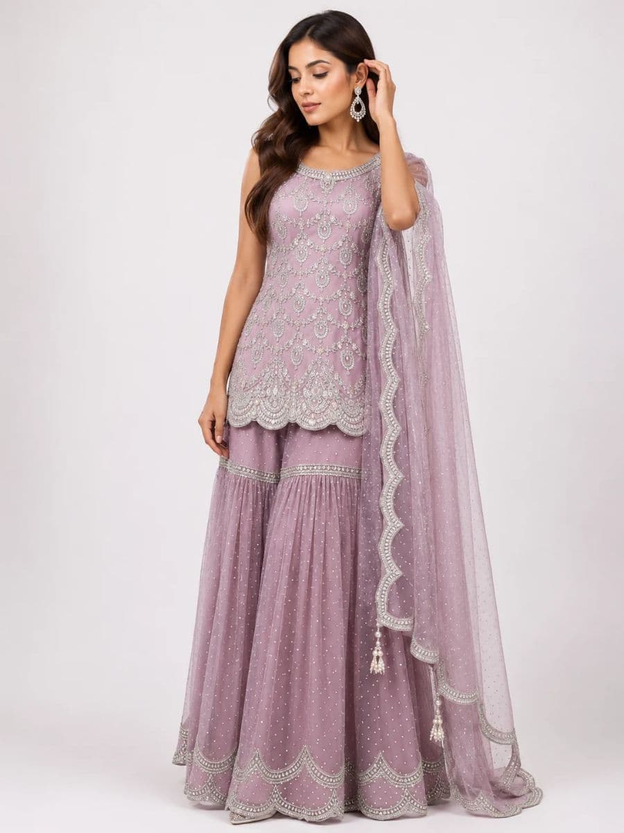 Onion Pink Net Sharara Set with Exquisite Hand Embroidery