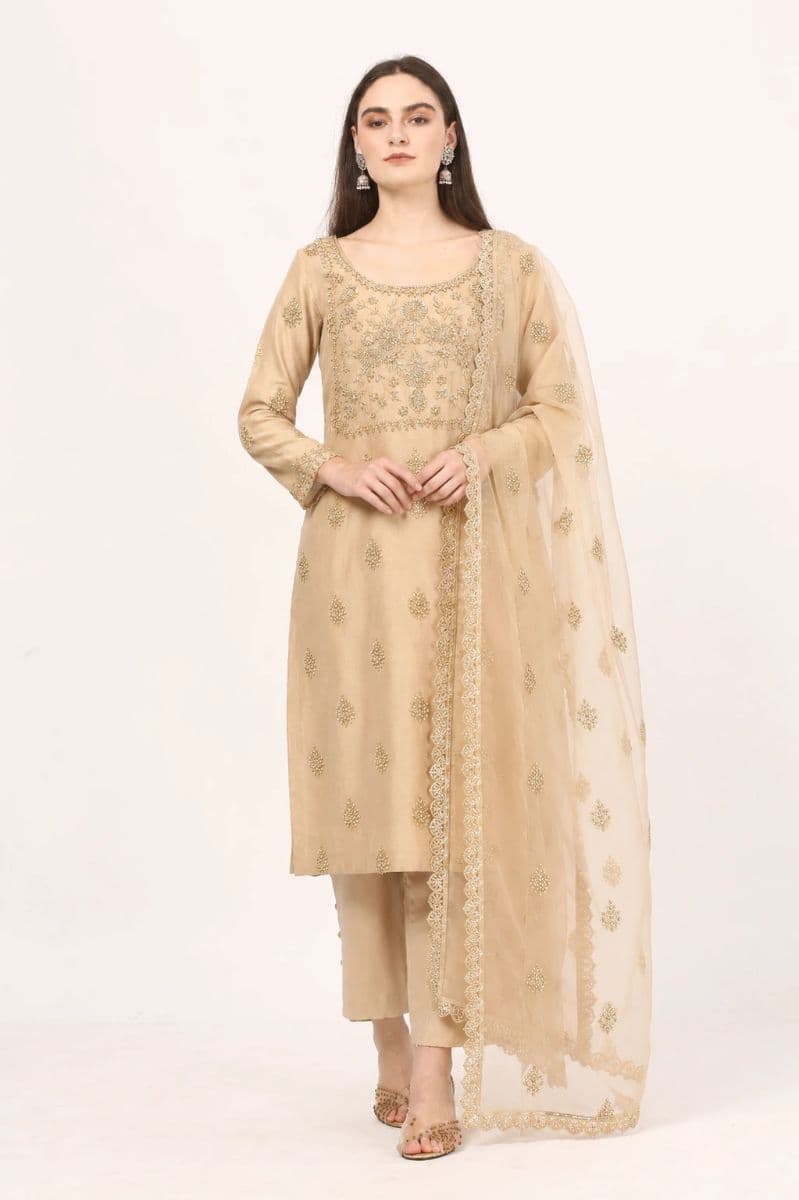 Chanderi Silk Zardozi Dabka Embroidered Kurta Pant Set with Organza Dupatta | Luxury Festive & Wedding Wear for Women