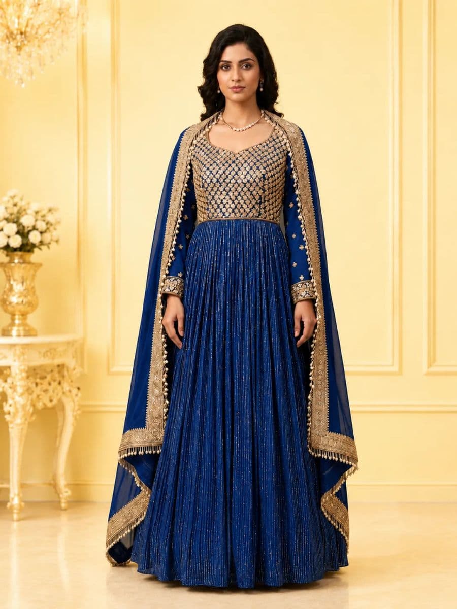 Royal Blue Shimmer Georgette Gown with Sequins, Pearl & Bead Embroidery