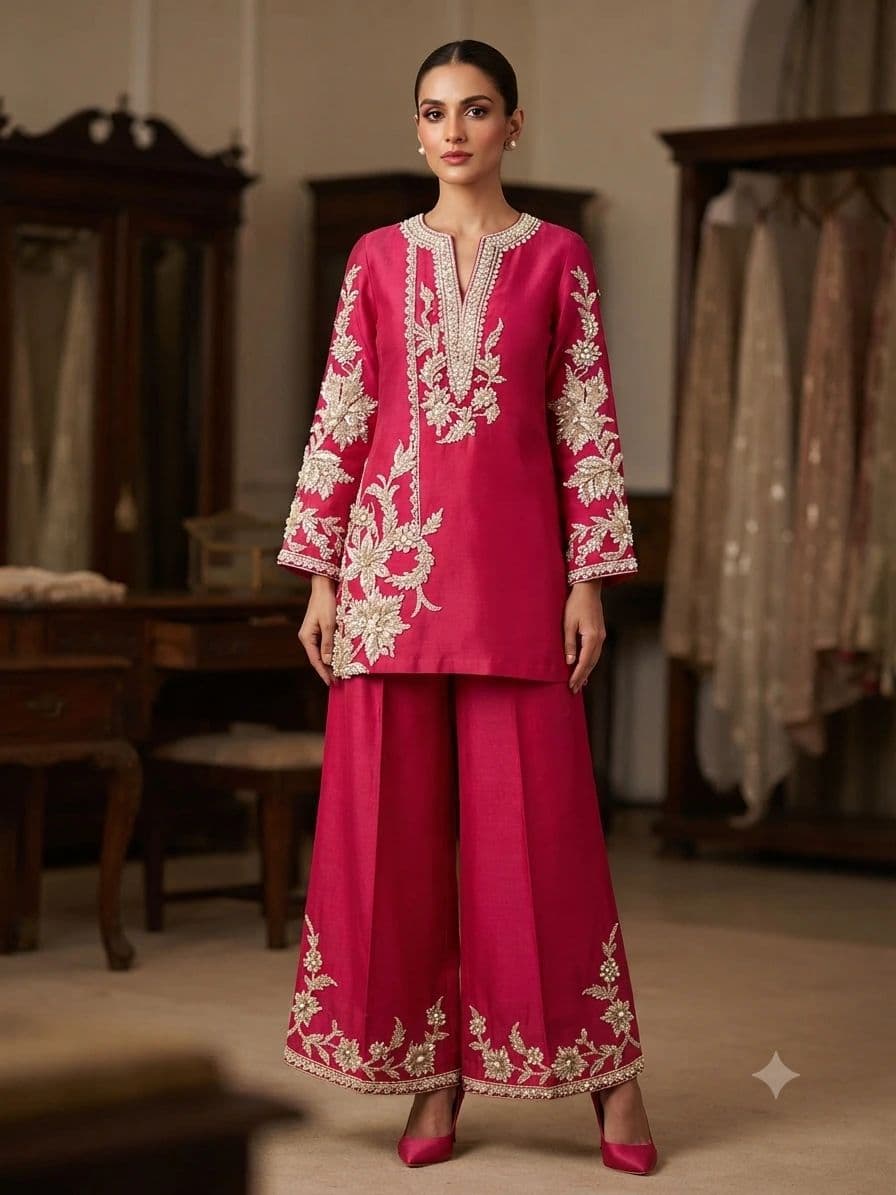 Pink Pure Silk Co-ord Set with Sequin & Pearl Embroidery