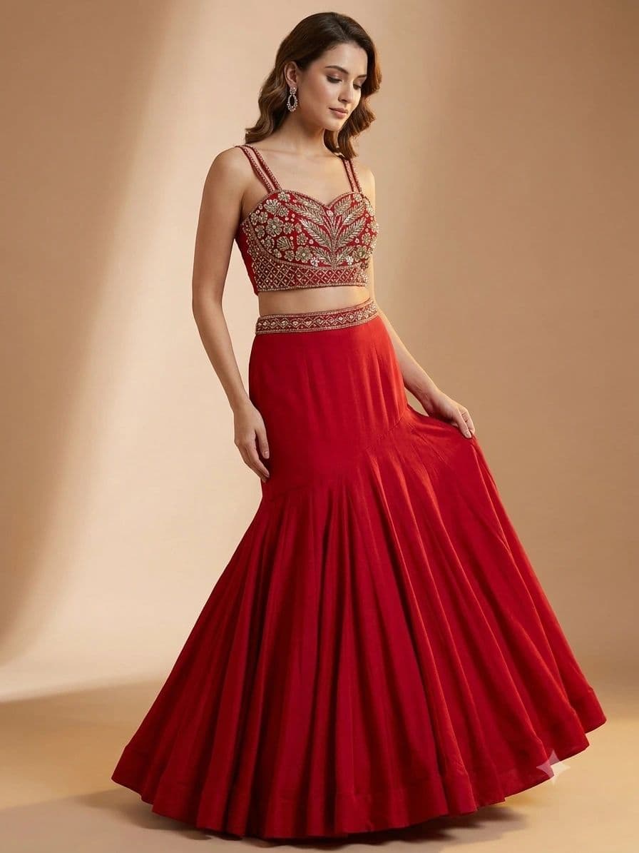 Red Georgette Lehenga with Sequins, Pearls, and Dabka Work | Luxury Ethnic Wear