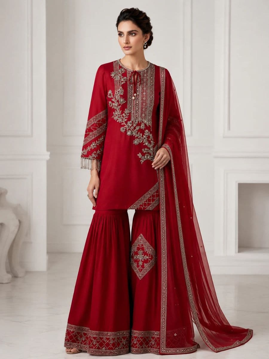 Premium Red Pure Silk Sharara Set with Intricate Sequins, Pearl & Cutdana Embroidery
