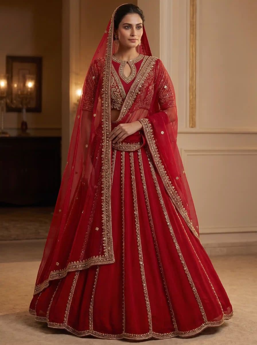 Premium Red Pure Silk Lehenga Set | Intricate Nakshi, Sequins & Pearl Embroidery