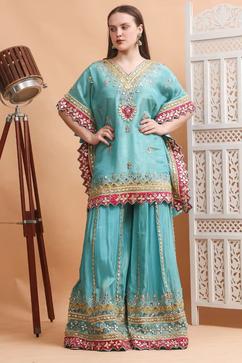  Tissue Silk Gota Patti Embroidered Kaftan Sharara Set for Women | Premium Designer Ethnic Wear