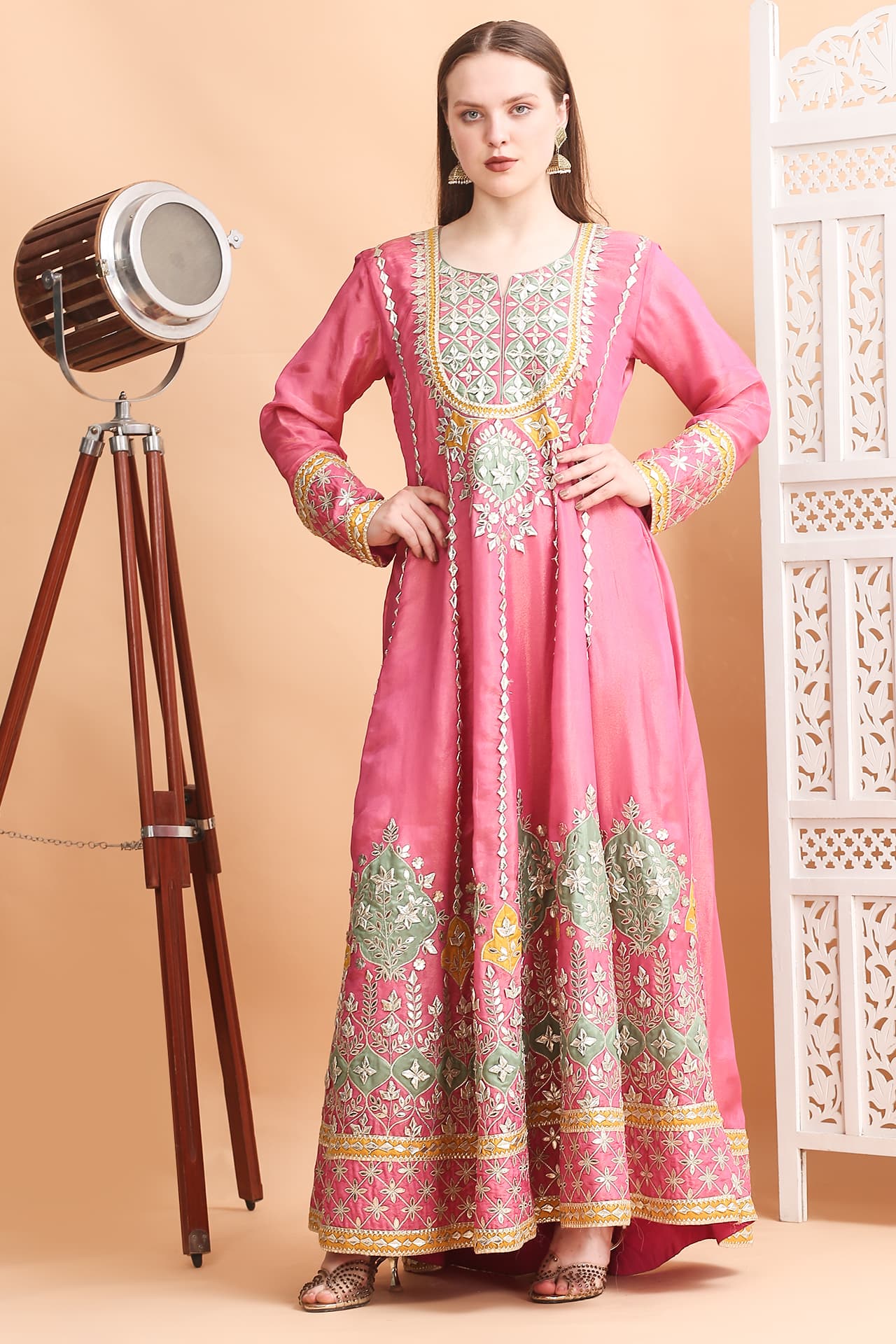 Pink Tissue Silk Gota Patti Anarkali Suit Set for Women | Handcrafted Festive & Wedding Wear