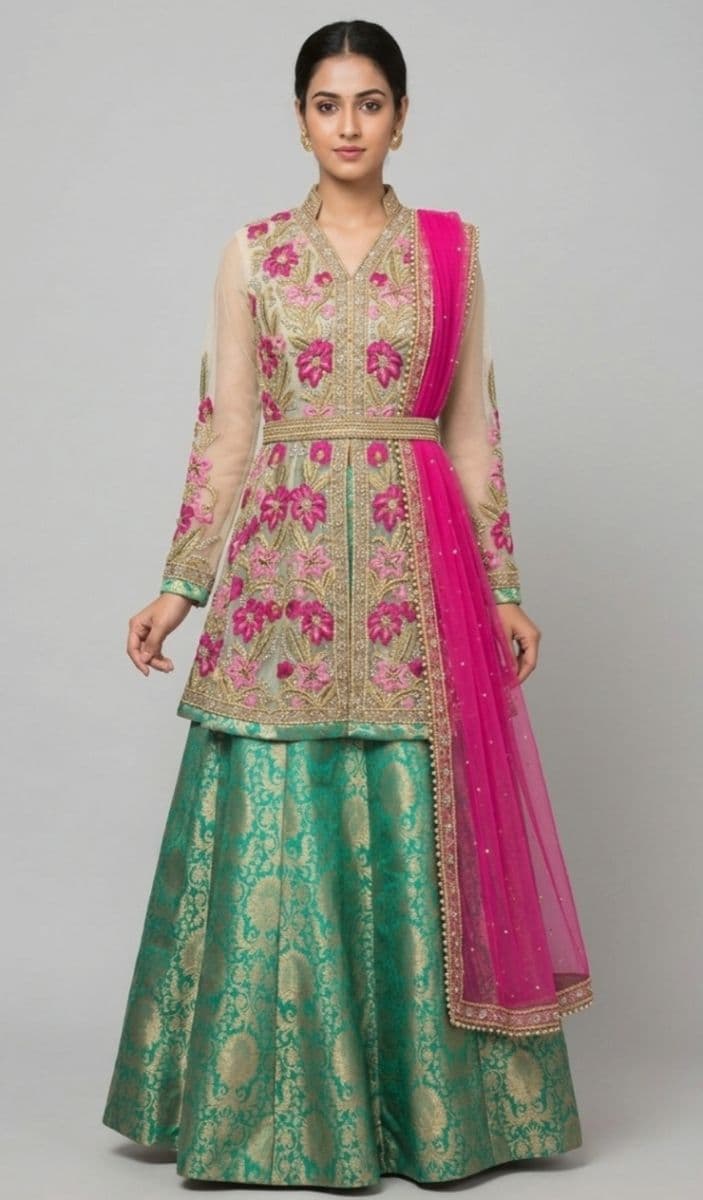 Green Brocade Sharara Set with Floral Zardozi Embroidered Kurta & Pink Dupatta