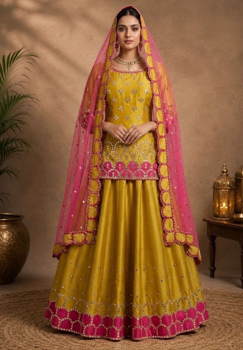 Mustard Yellow Lehenga Suit with Mirror Work & Pink Net Dupatta