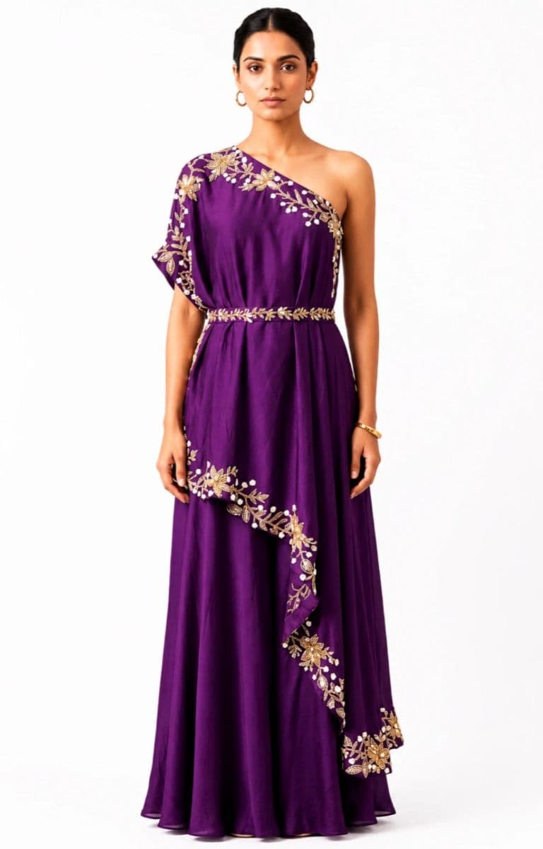 Purple One-Shoulder Satin Sharara with Hand Embroidery | Premium Designer Occasion Wear for Women