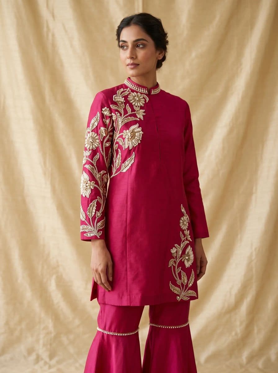 Designer Magenta Embroidered Kurta Set with Flared Sharara Pants