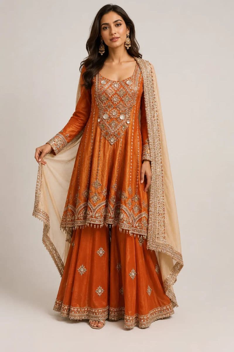 Burnt Orange Tissue Silk Sharara Set with Gota Patti Embroidery